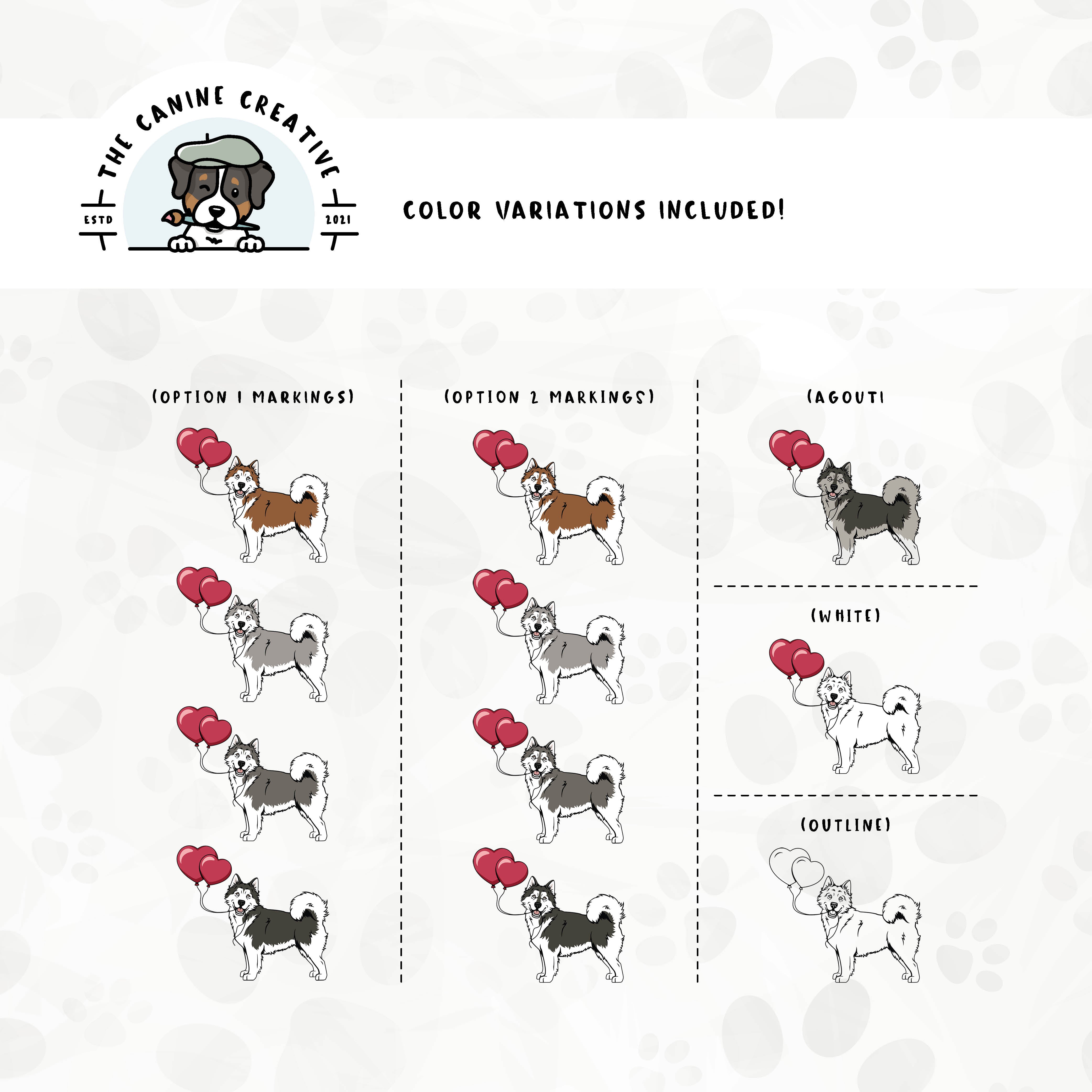 Dog color variations for this design set includes common color and marking variations found in Alaskan Malamutes (bi-color, Agouti, and white), as well as an outline option.
